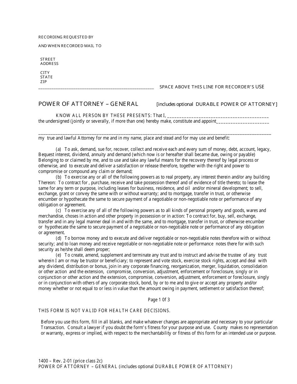 General Power of Attorney Template - California, Page 1