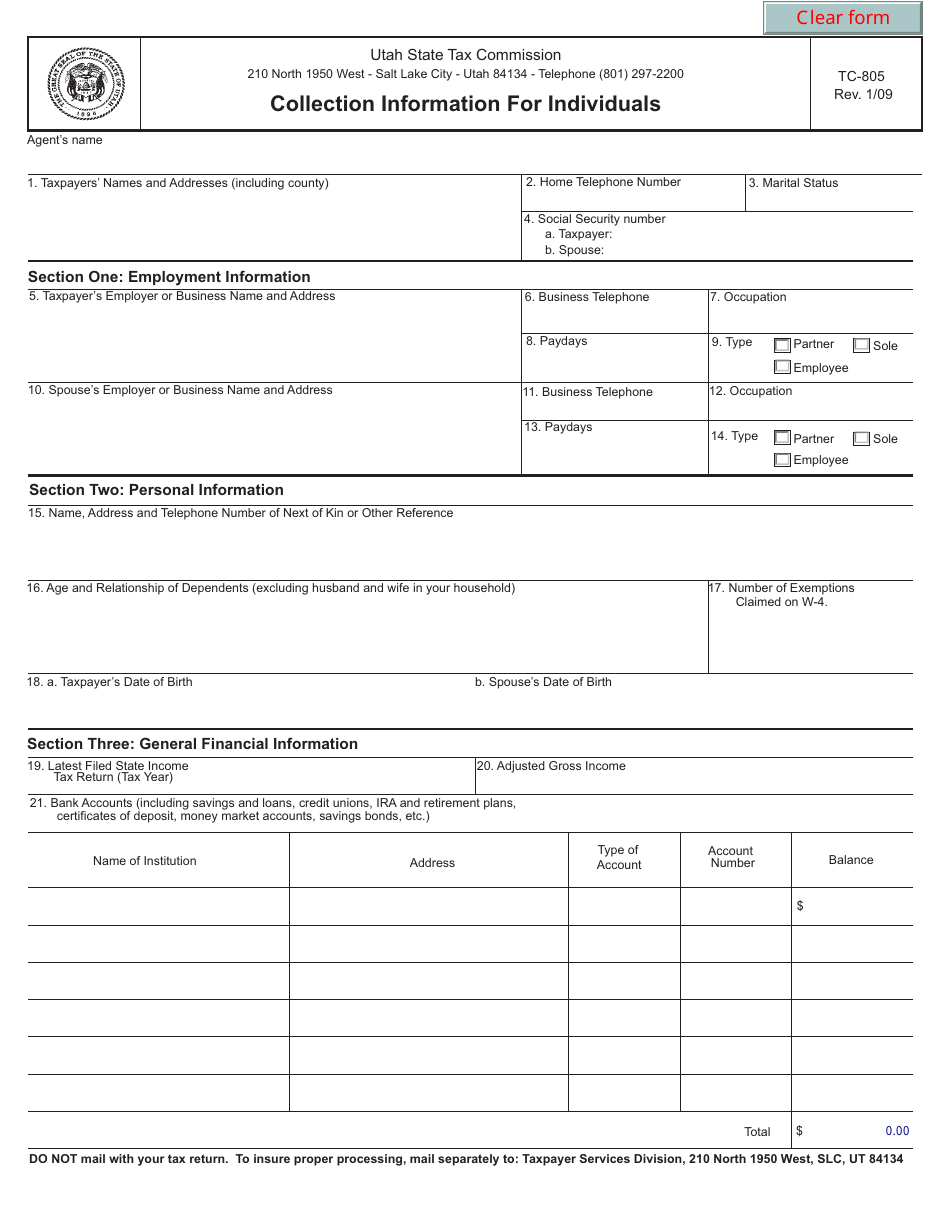 Form TC-805 Collection Information for Individuals - Utah, Page 1