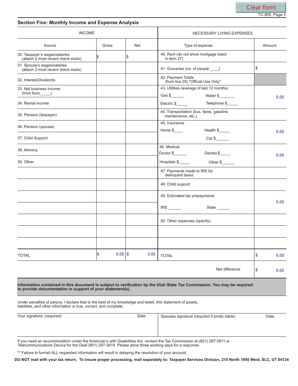 Form TC-805 Collection Information for Individuals - Utah, Page 3