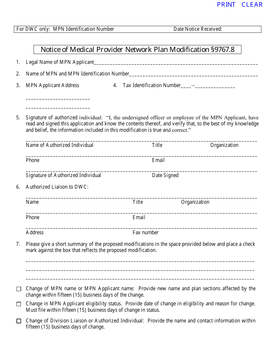 DWC Form 9767.8 Notice of Medical Provider Network Plan Modification - California, Page 1