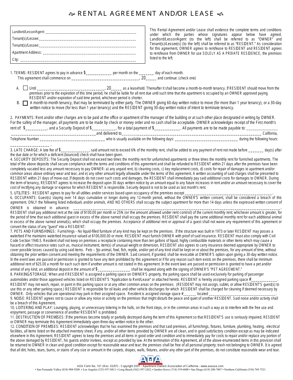 Form 101 Rental Agreement and / or Lease - Apartment Owners Association of California - California, Page 1