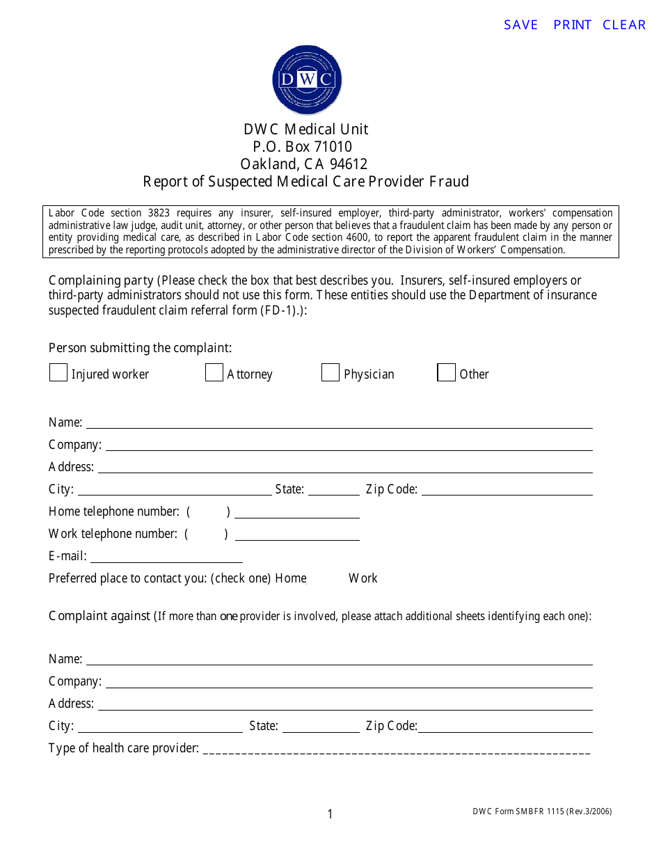 DWC Form SMBFR1115 Report of Suspected Medical Care Provider Fraud - California, Page 1