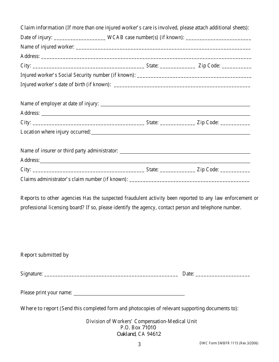 DWC Form SMBFR1115 Report of Suspected Medical Care Provider Fraud - California, Page 3