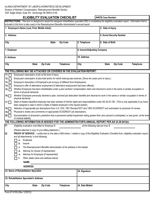 Form 07-6150 Eligibility Evaluation Checklist - Alaska