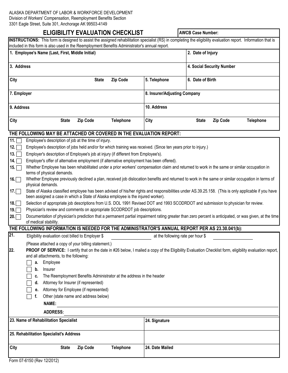 Form 07-6150 Eligibility Evaluation Checklist - Alaska, Page 1