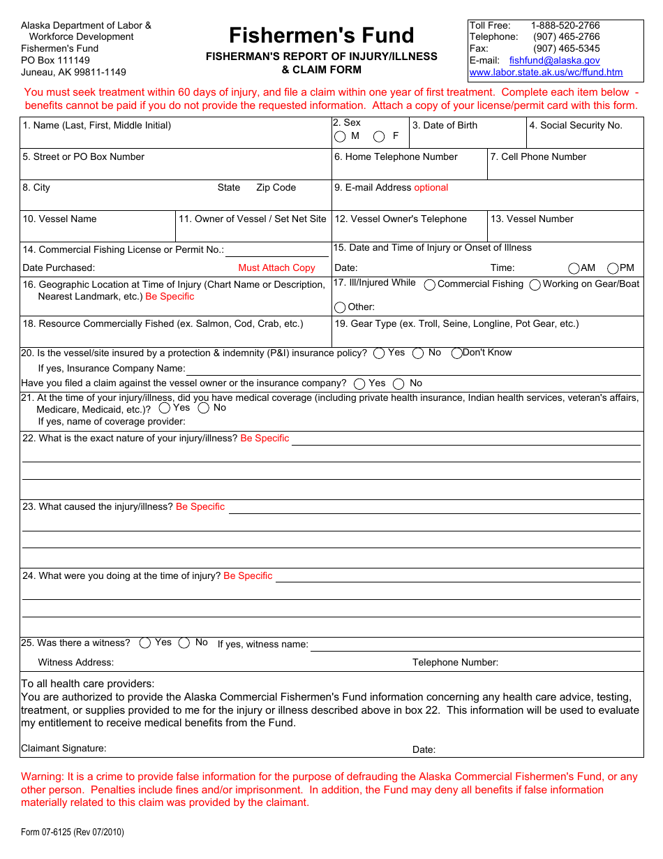Form 07-6125 Fishermens Fund Fishermans Report of Injury / Illness  Claim Form - Alaska, Page 1