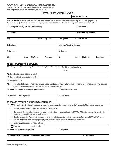 Form 07-6151 Offer of Alternative Employment - Alaska