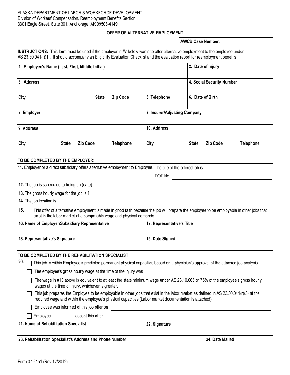Form 07-6151 Offer of Alternative Employment - Alaska, Page 1