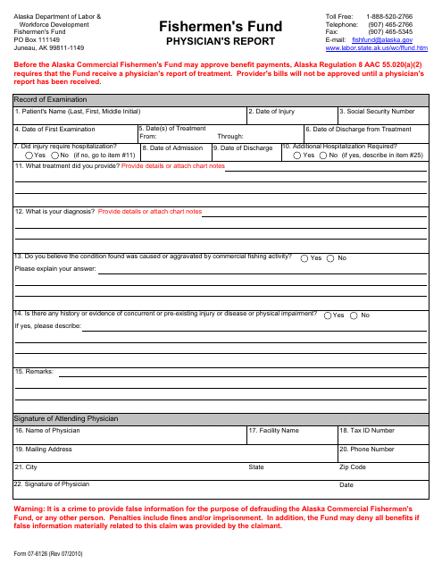Form 07-6126 Fishermen's Fund Physician's Report - Alaska