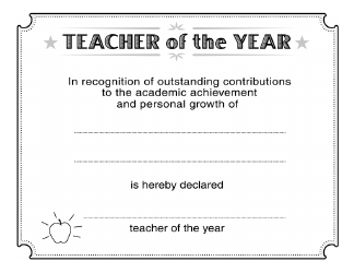 Document preview: Teacher of the Year Award Certificate Template