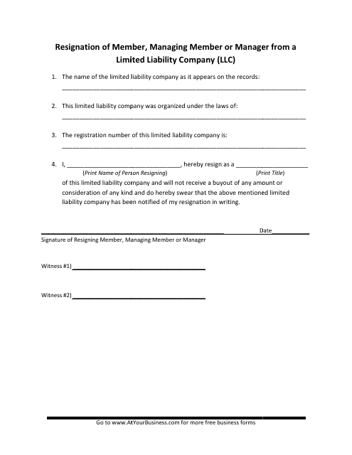 Resignation of Member, Managing Member or Manager From a Limited Liability Company (LLC) Template Preview