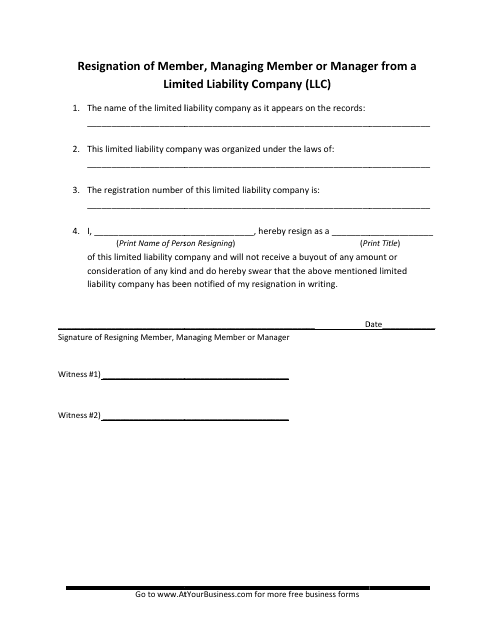 Resignation of Member, Managing Member or Manager From a Limited Liability Company (LLC) Template