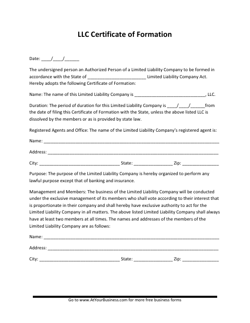 LLC Certificate of Formation Template Download Printable PDF