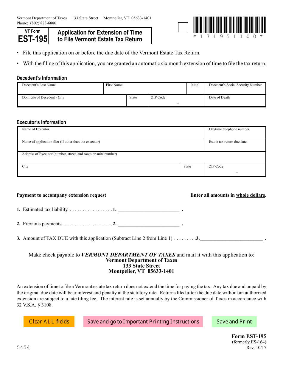 VT Form EST-195 Application for Extension of Time to File Vermont Estate Tax Return - Vermont, Page 1
