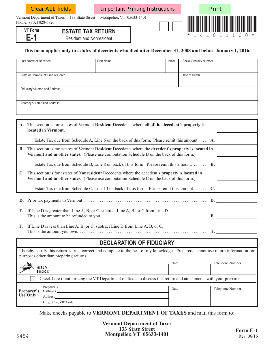 VT Form E1 Download Fillable PDF or Fill Online Estate Tax Return