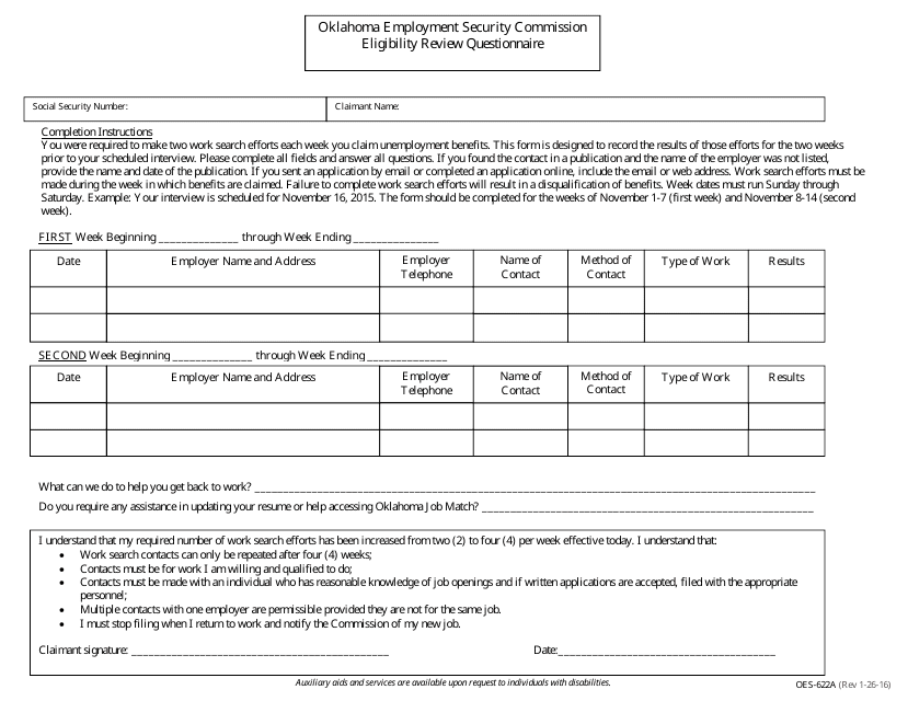 Form OES-622A Eligibility Review Questionnaire - Oklahoma