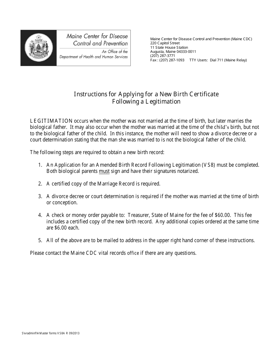 Form VS8A Instructions for Applying for a New Birth Certificate Following a Legitimation - Maine, Page 1