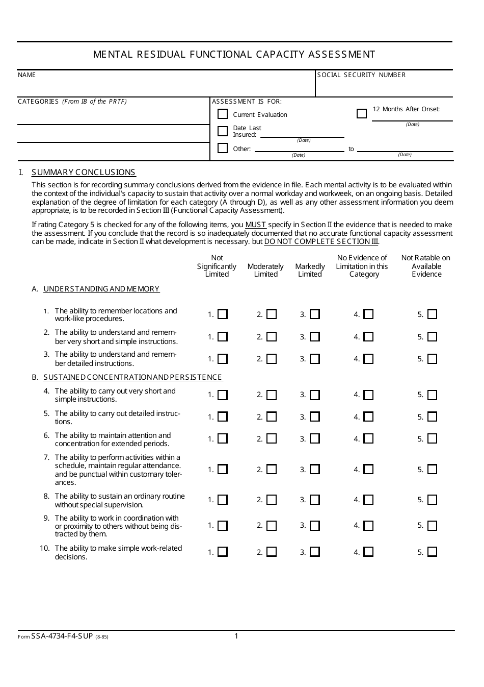 Form SSA-4734-F4-SUP Mental Residual Functional Capacity Assessment, Page 1