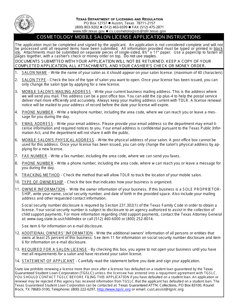 TDLR Form COS013 Cosmetology Mobile Salon License Application - Texas, Page 1