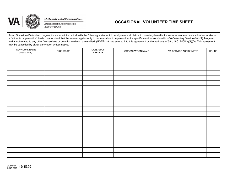 VA Form 10-5392 Occasional Volunteer Time Sheet, Page 1