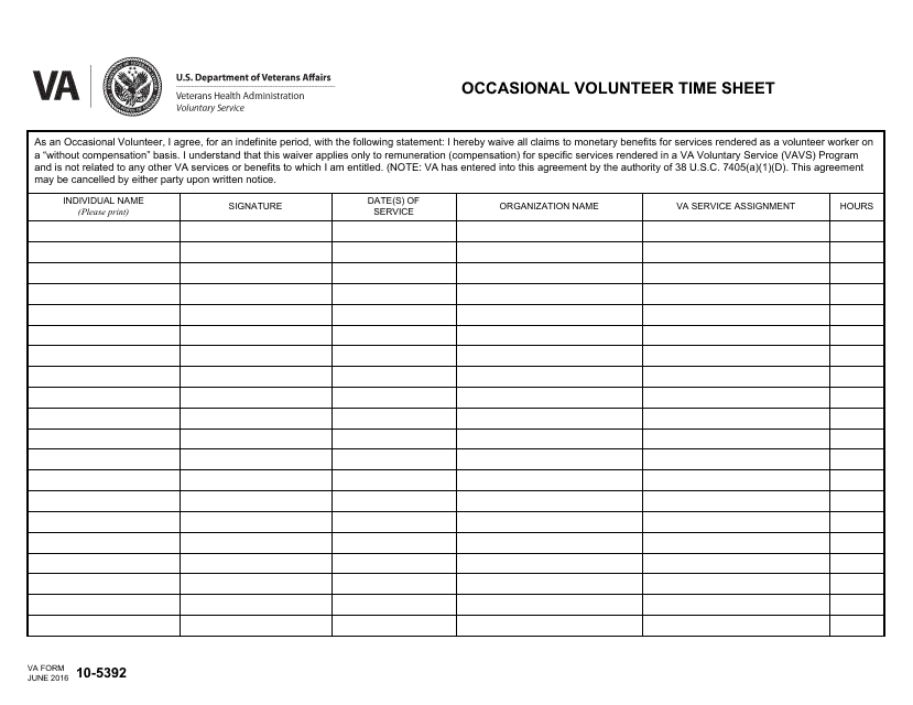 VA Form 10-5392 Occasional Volunteer Time Sheet