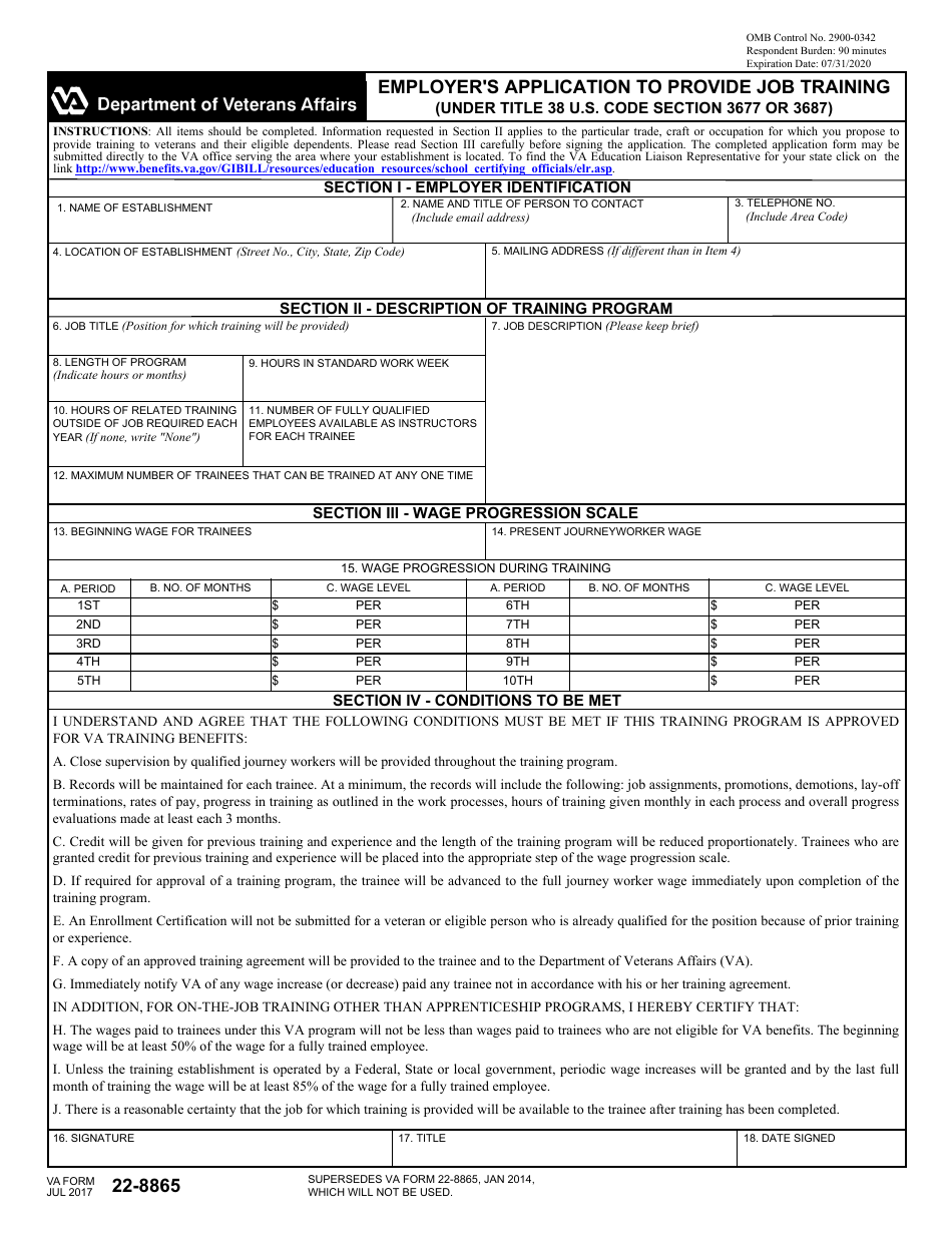 VA Form 22-8865 Employers Application to Provide Job Training, Page 1