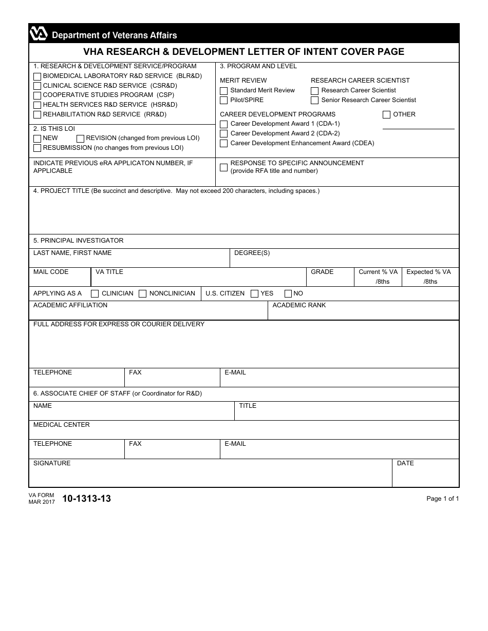 VA Form 10-1313-13 VHA Research and Development Letter of Intent Cover Page, Page 1