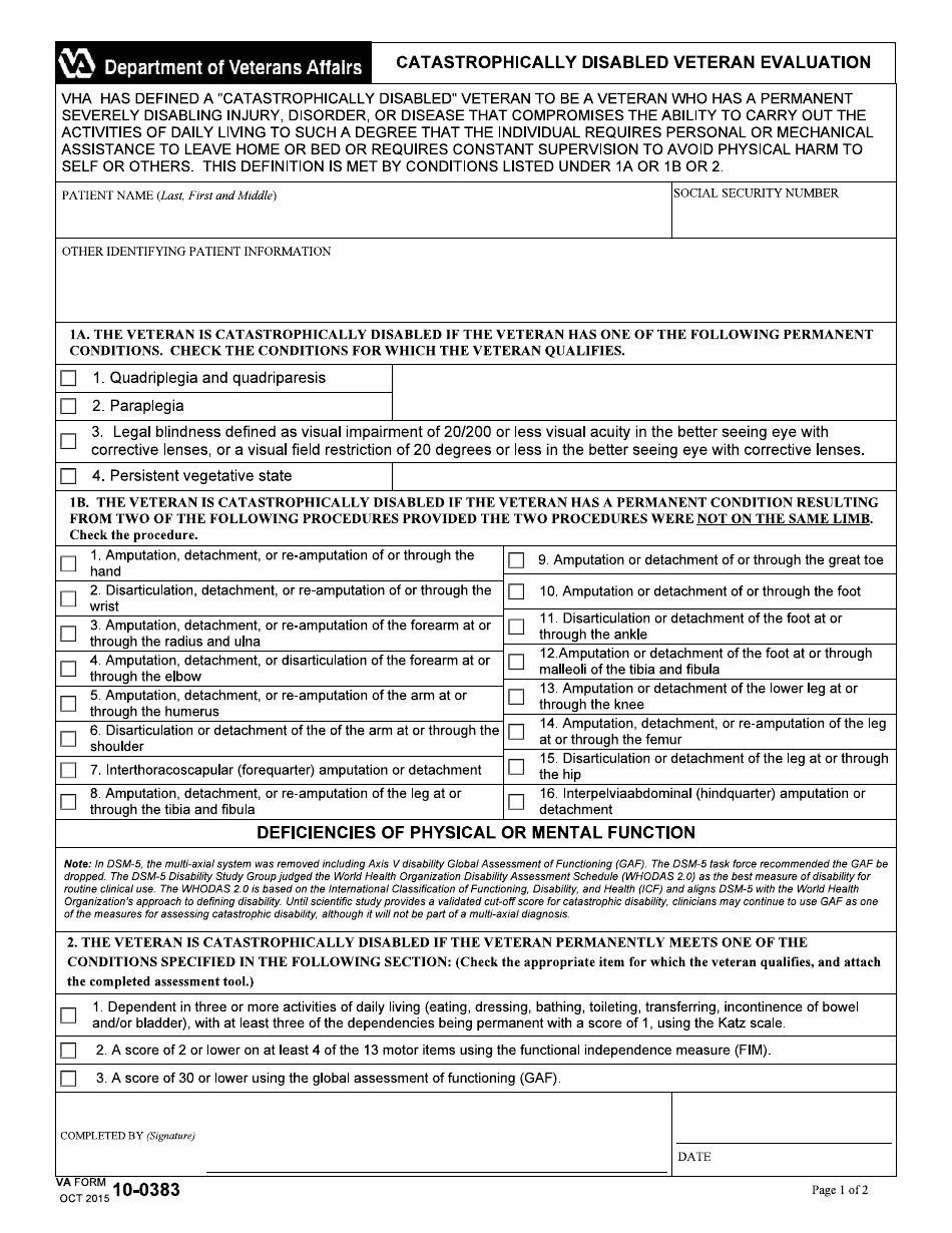 VA Form 10-0383 Catastrophically Disabled Veteran Evaluation, Page 1