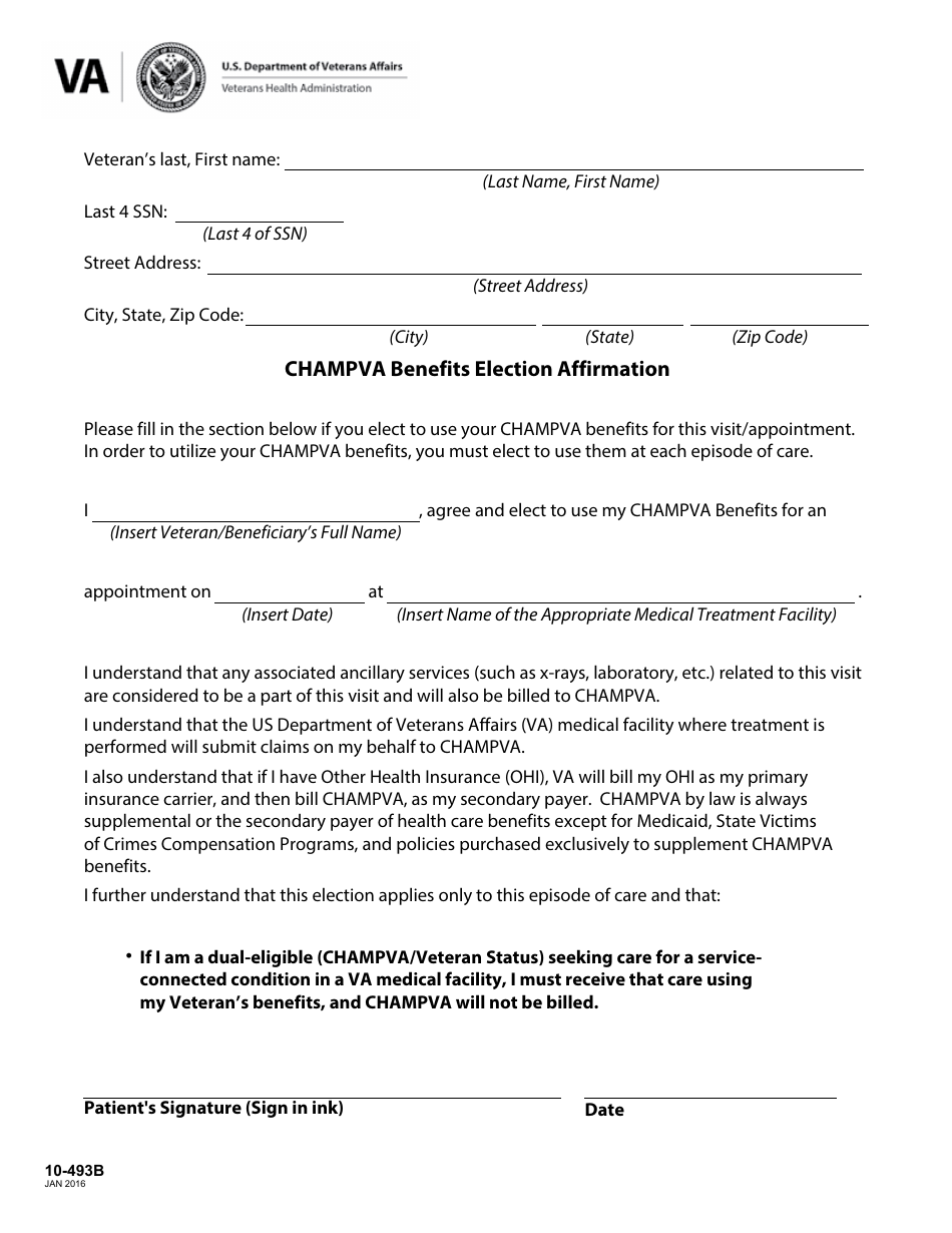 VA Form 10-493b Download Fillable PDF or Fill Online CHAMPVA Benefits  Election Affirmation | Templateroller