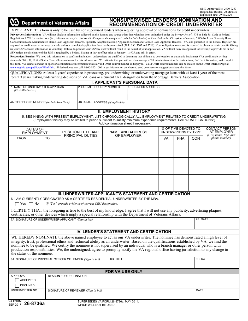 VA Form 26-8736a Nonsupervised Lenders Nomination and Recommendation of Credit Underwriter, Page 1