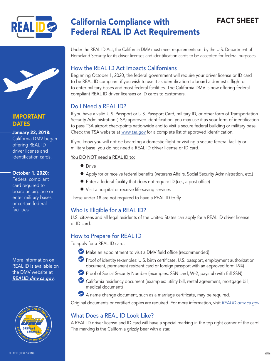 Form DL1010 Real Id Fact Sheet - California, Page 1