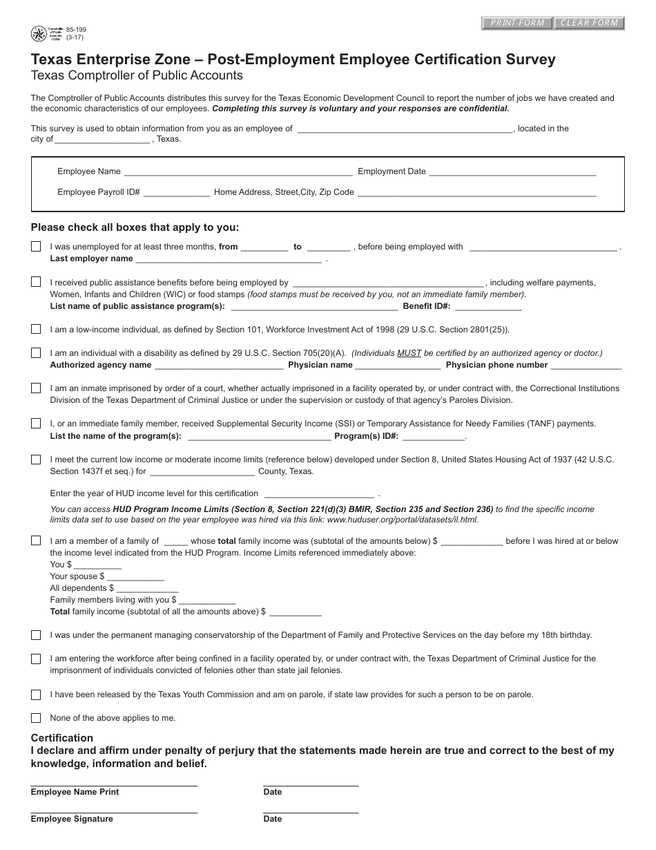 Form 85-199 Texas Enterprise Zone - Post-employment Employee Certification Survey - Texas, Page 1