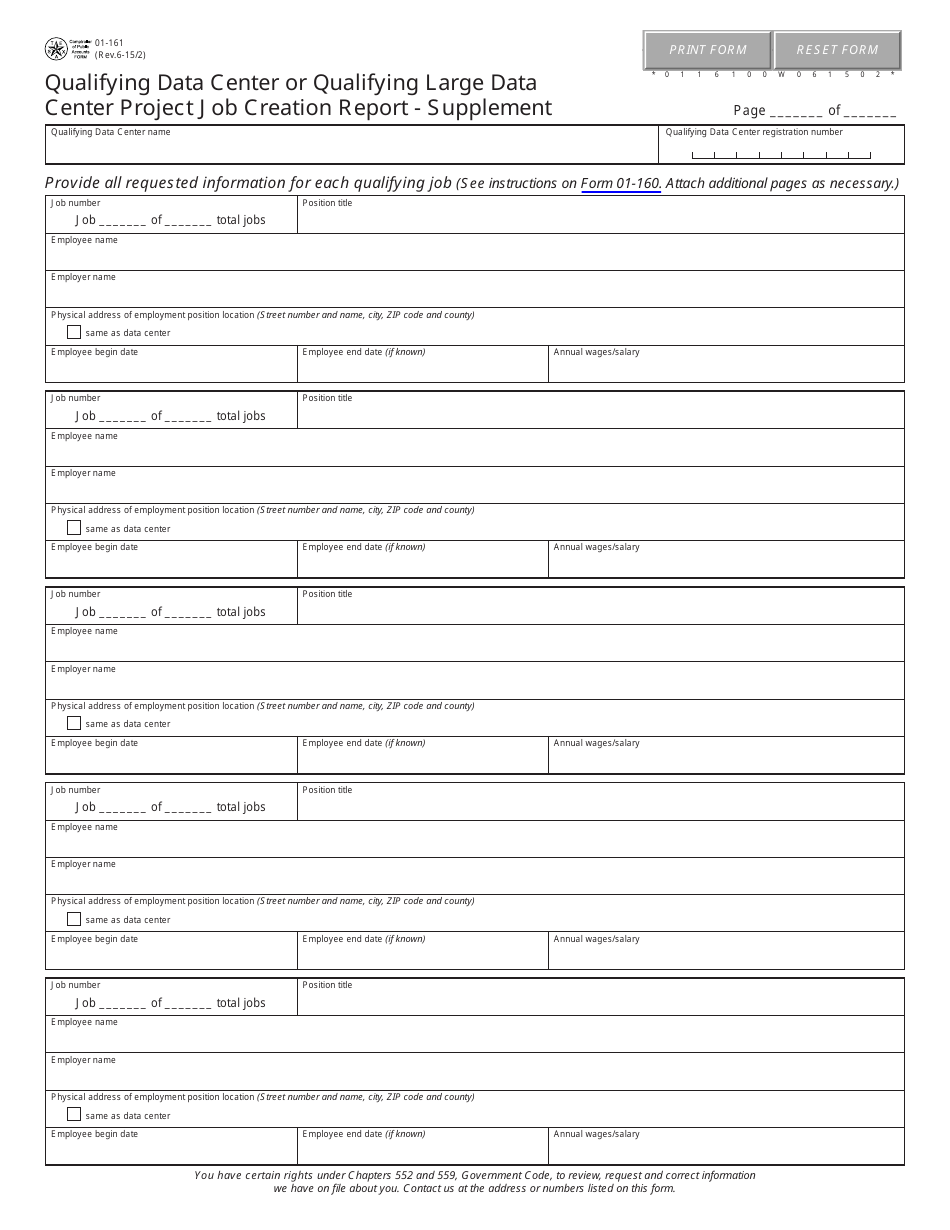 Form 01-161 Qualifying Data Center or Qualifying Large Data Center Project Job Creation Report - Texas, Page 1