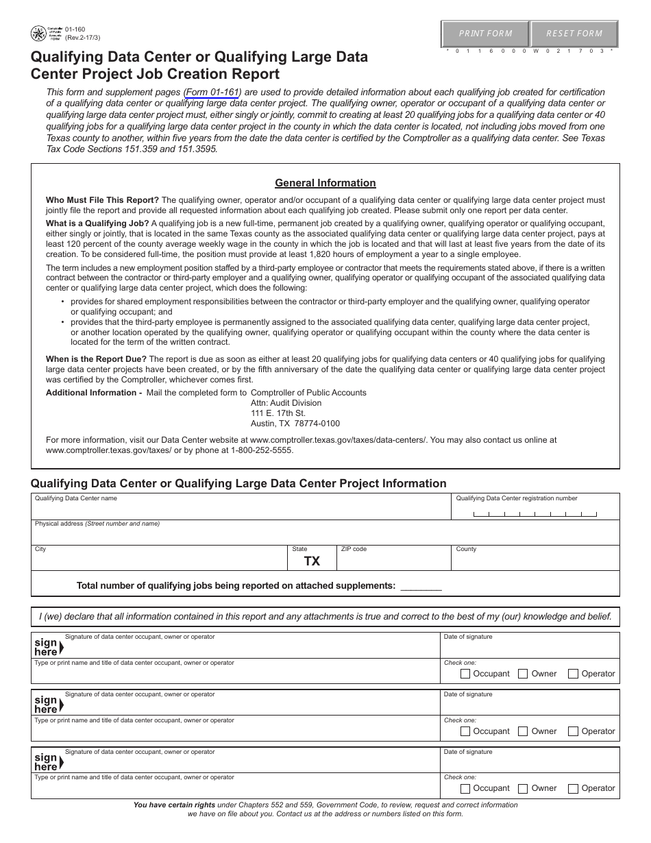 Form 01-160 Qualifying Data Center or Qualifying Large Data Center Project Job Creation Report - Texas, Page 1