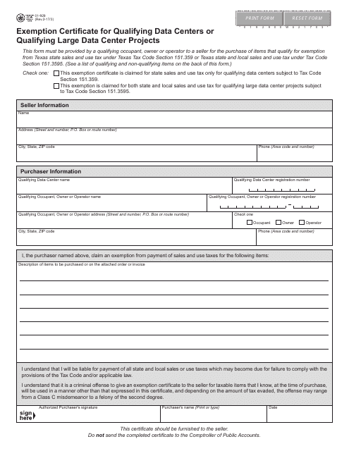 Form 01-929 Exemption Certificate for Qualifying Data Centers or Qualifying Large Data Center Projects - Texas