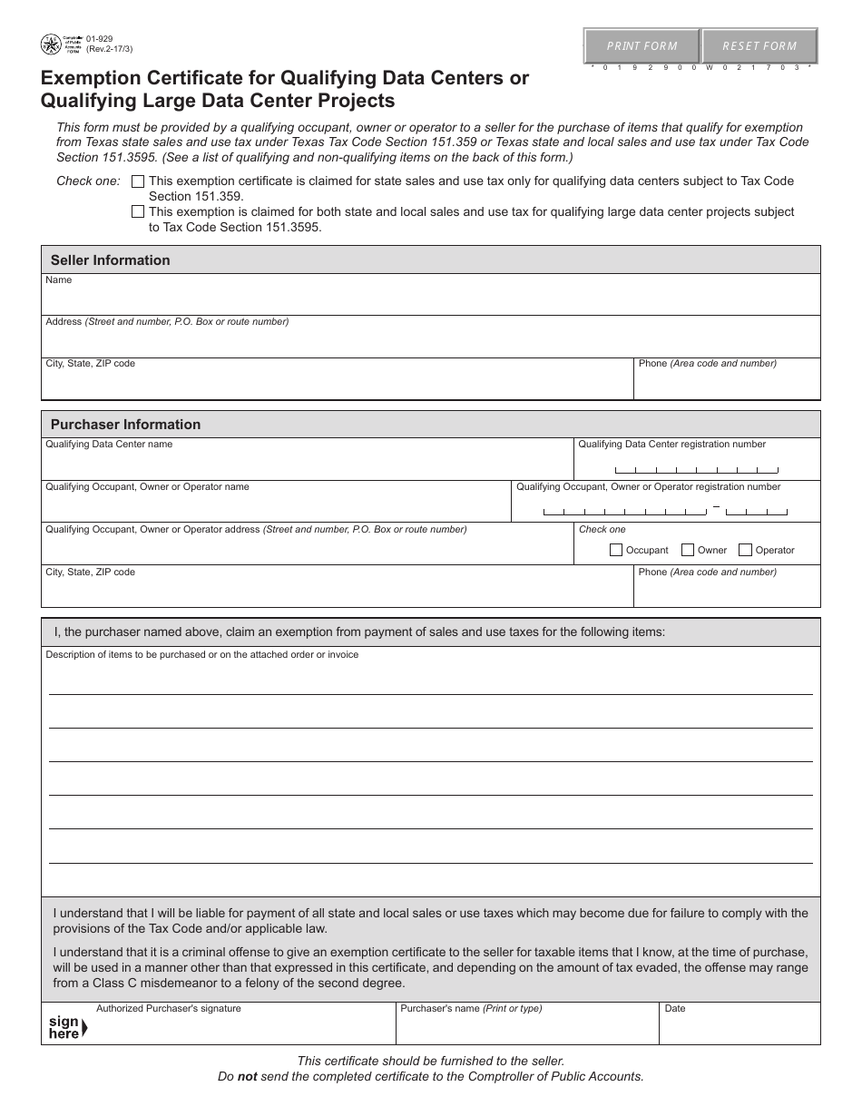 Form 01-929 Exemption Certificate for Qualifying Data Centers or Qualifying Large Data Center Projects - Texas, Page 1