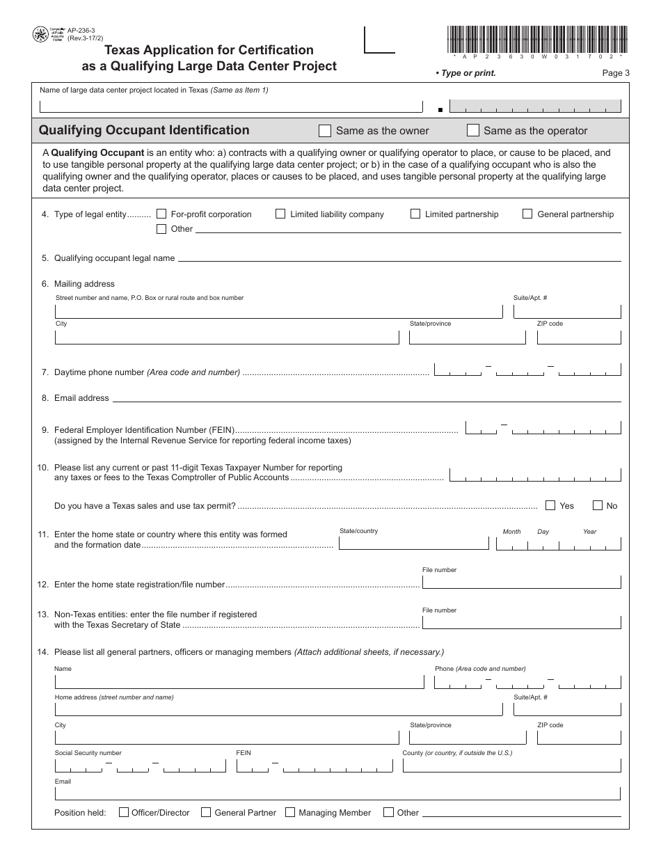Form AP-236 Texas Application for Certification as a Qualifying Large Data Center Project - Texas, Page 3