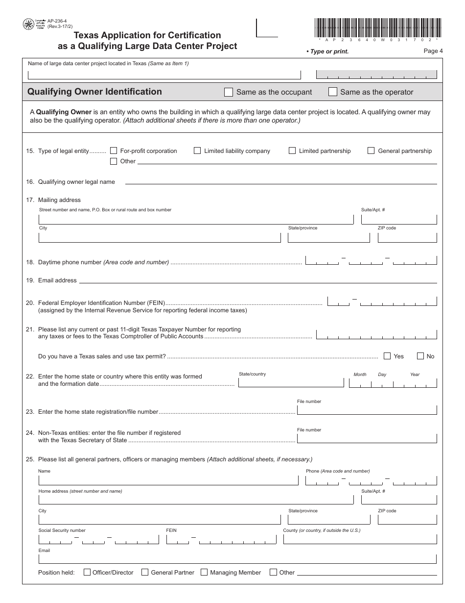 Form AP-236 Texas Application for Certification as a Qualifying Large Data Center Project - Texas, Page 4
