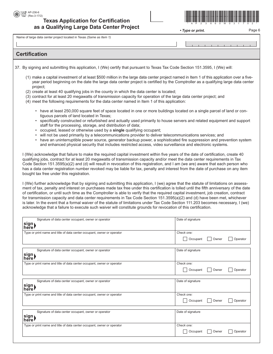 Form AP-236 Texas Application for Certification as a Qualifying Large Data Center Project - Texas, Page 6