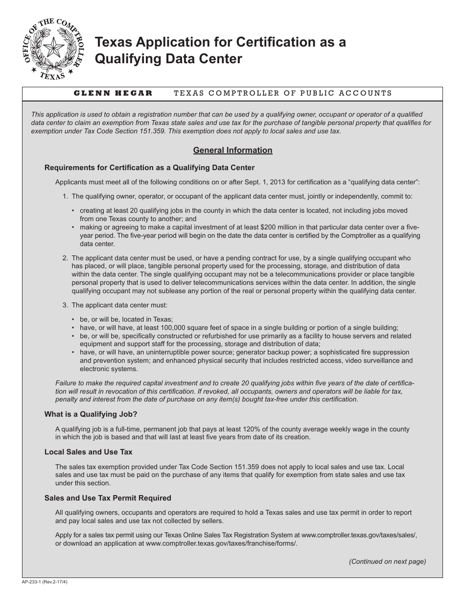 Form AP-233 Texas Application for Certification as a Qualifying Data Center - Texas, Page 1