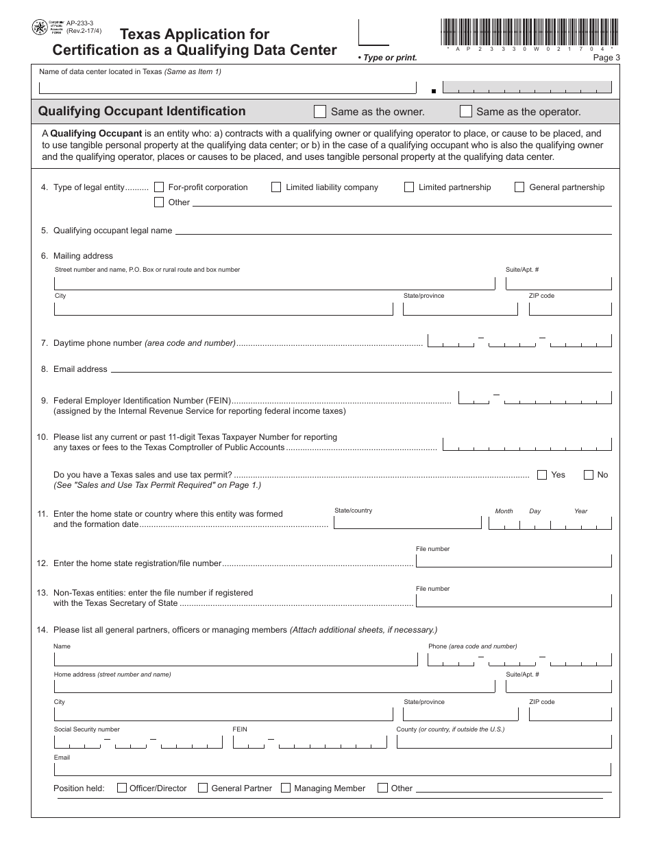 Form AP-233 Texas Application for Certification as a Qualifying Data Center - Texas, Page 3