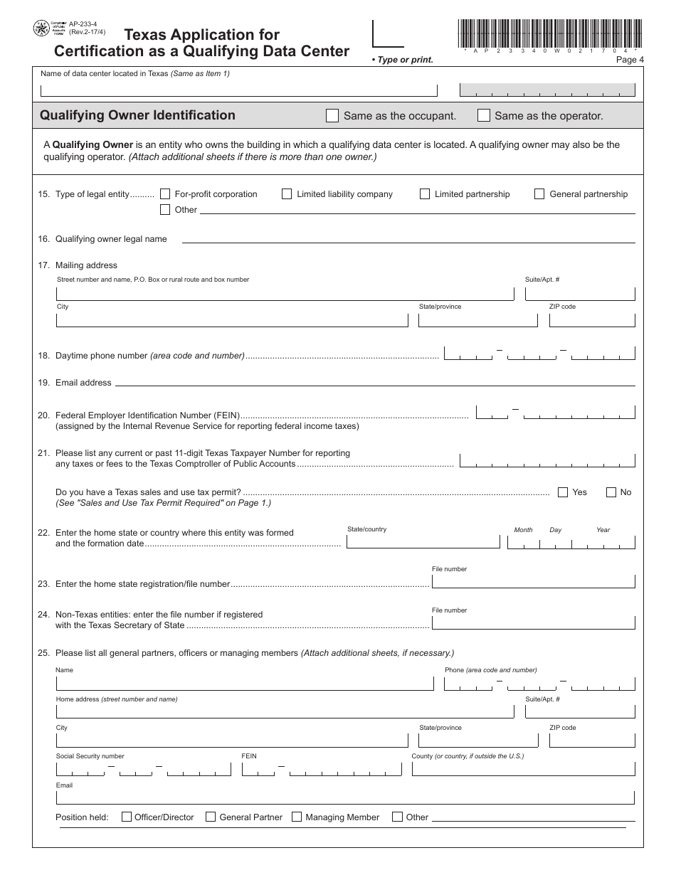 Form AP-233 Texas Application for Certification as a Qualifying Data Center - Texas, Page 4