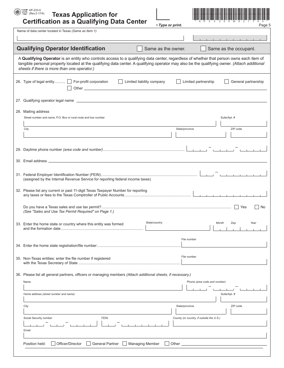 Form AP-233 Texas Application for Certification as a Qualifying Data Center - Texas, Page 5