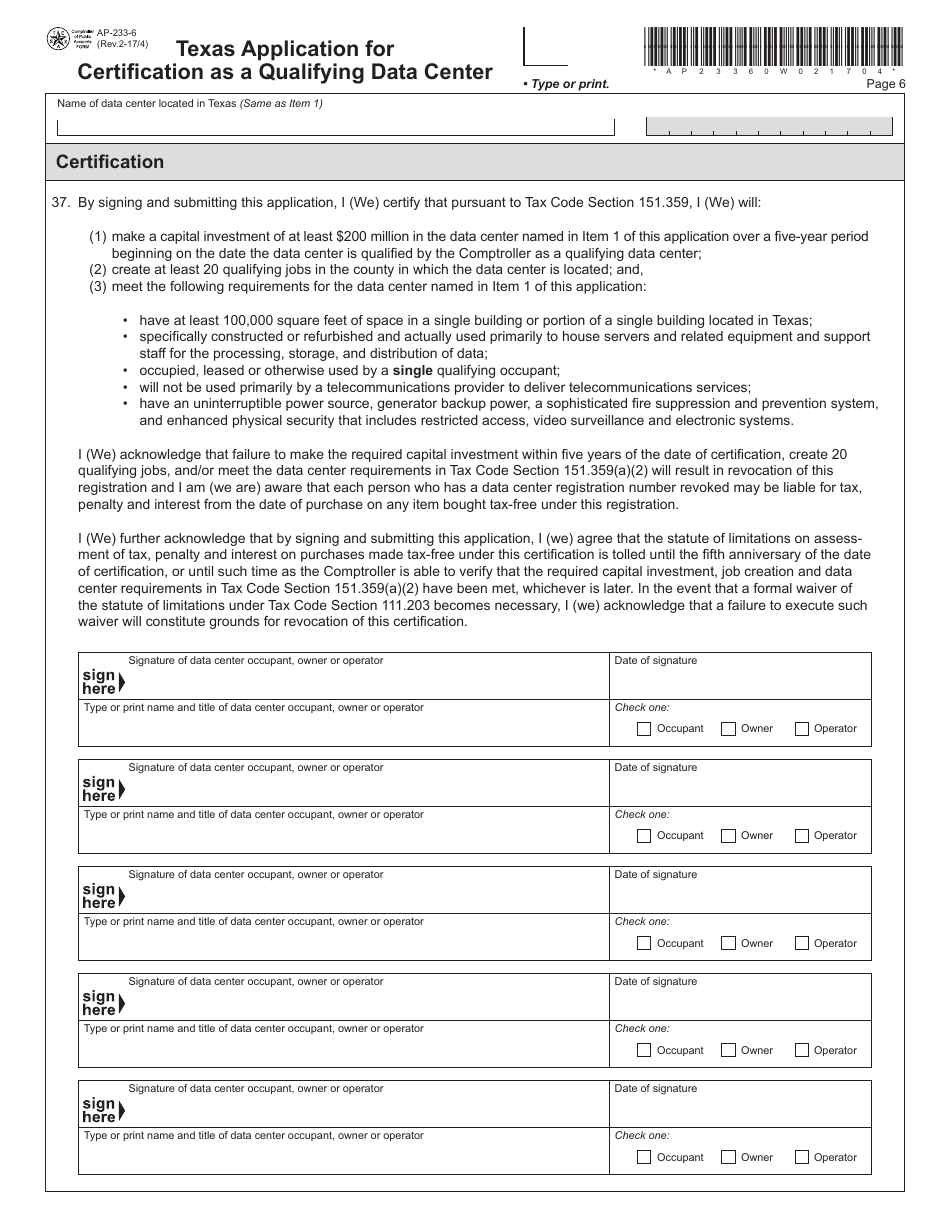 Form AP-233 Texas Application for Certification as a Qualifying Data Center - Texas, Page 6