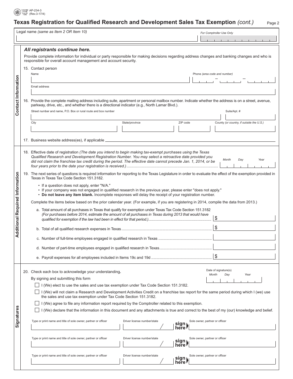 Form AP-234 Texas Registration for Qualified Research and Development Sales Tax Exemption - Texas, Page 3