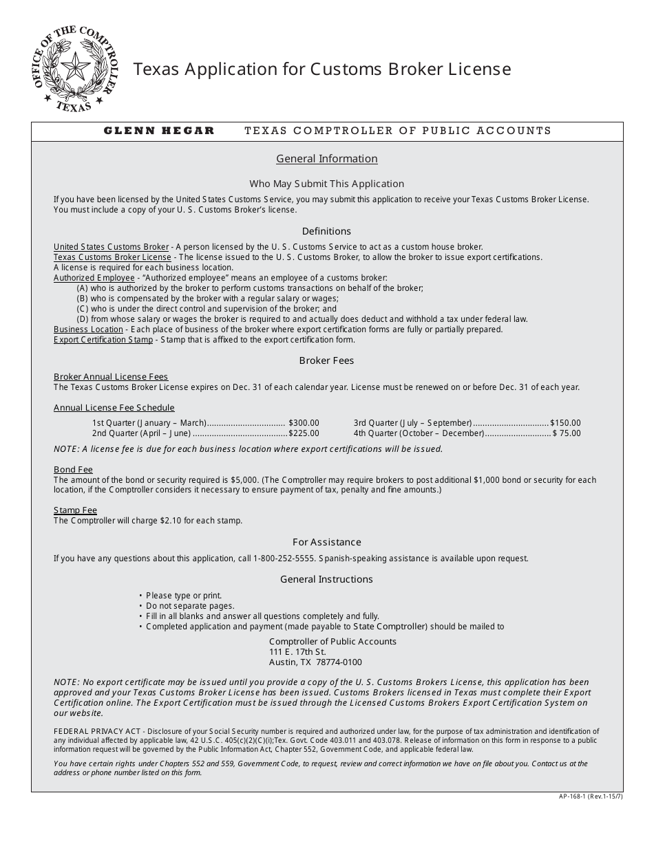 Form AP-168 Texas Application for Customs Broker License - Texas, Page 1