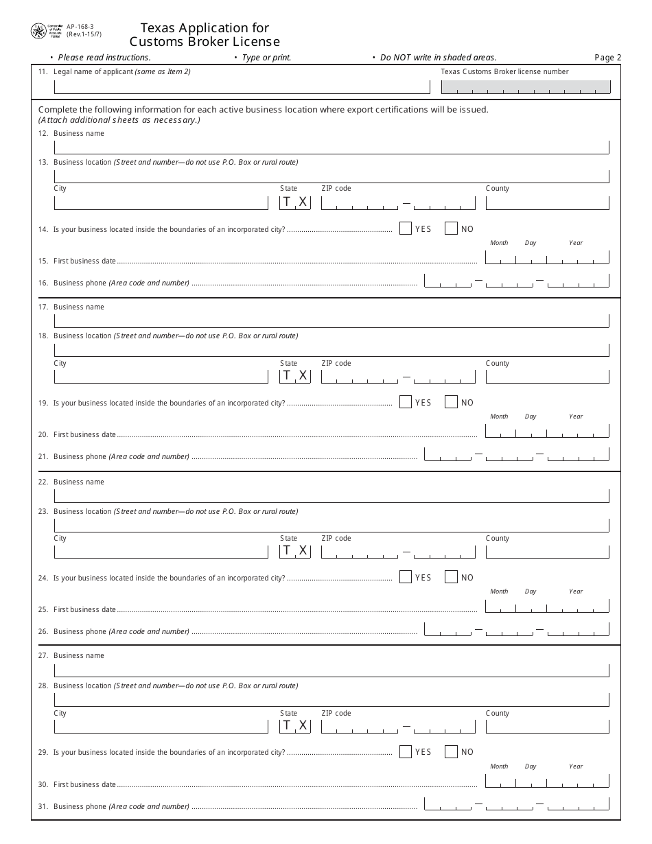 Form AP-168 Texas Application for Customs Broker License - Texas, Page 3