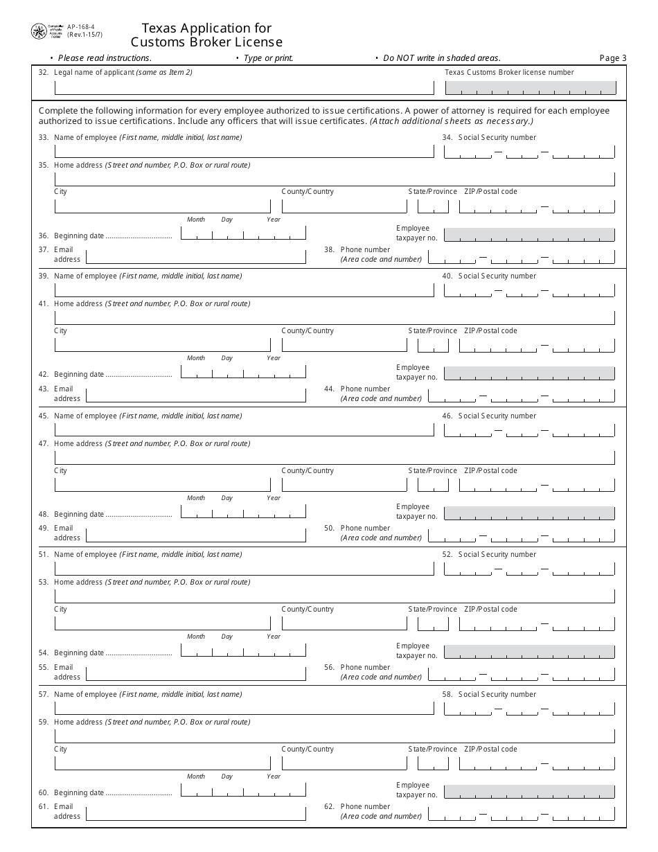 Form AP-168 Texas Application for Customs Broker License - Texas, Page 4