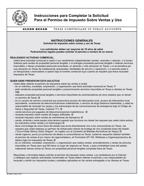 Instrucciones para Formulario APP-201 Solicitud Para El Permiso De Impuesto Sobre Ventas Y Uso - Texas (Spanish)
