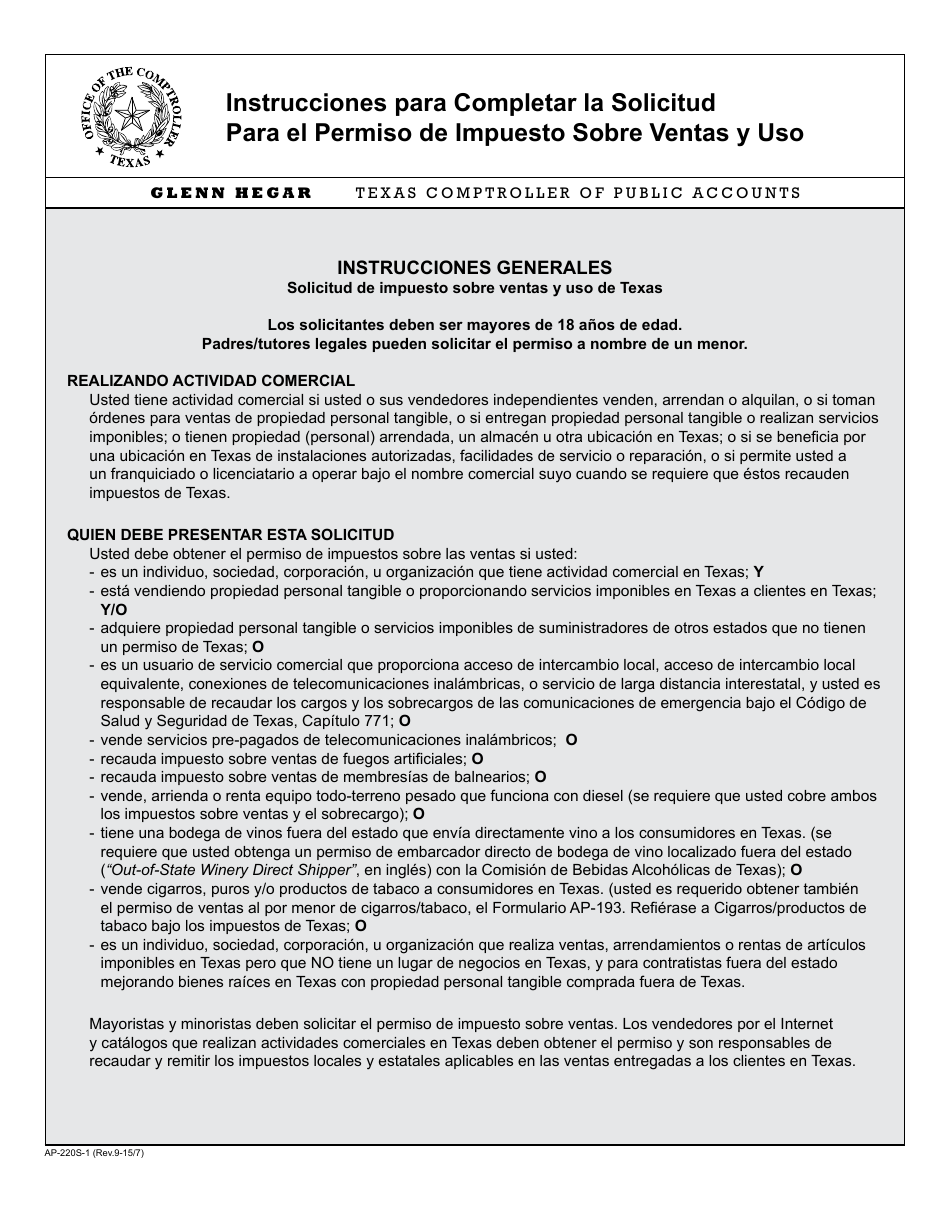 Instrucciones para Formulario APP-201 Solicitud Para El Permiso De Impuesto Sobre Ventas Y Uso - Texas (Spanish), Page 1